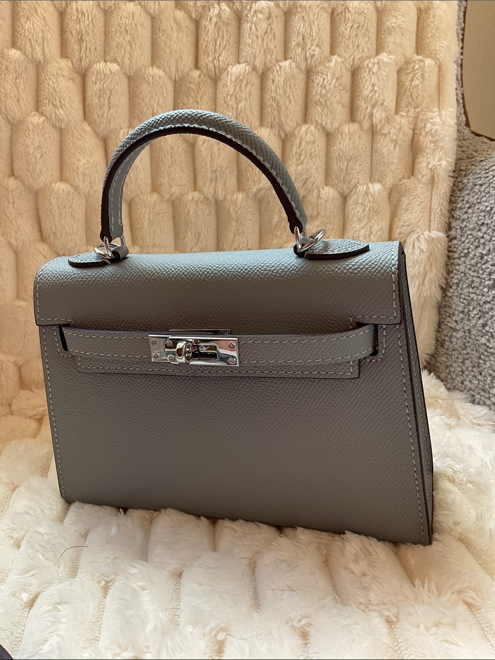 Mini Blue gray Structured Top-Handle Bag with Removable Straps silver hardware. - Picture 6 of 8